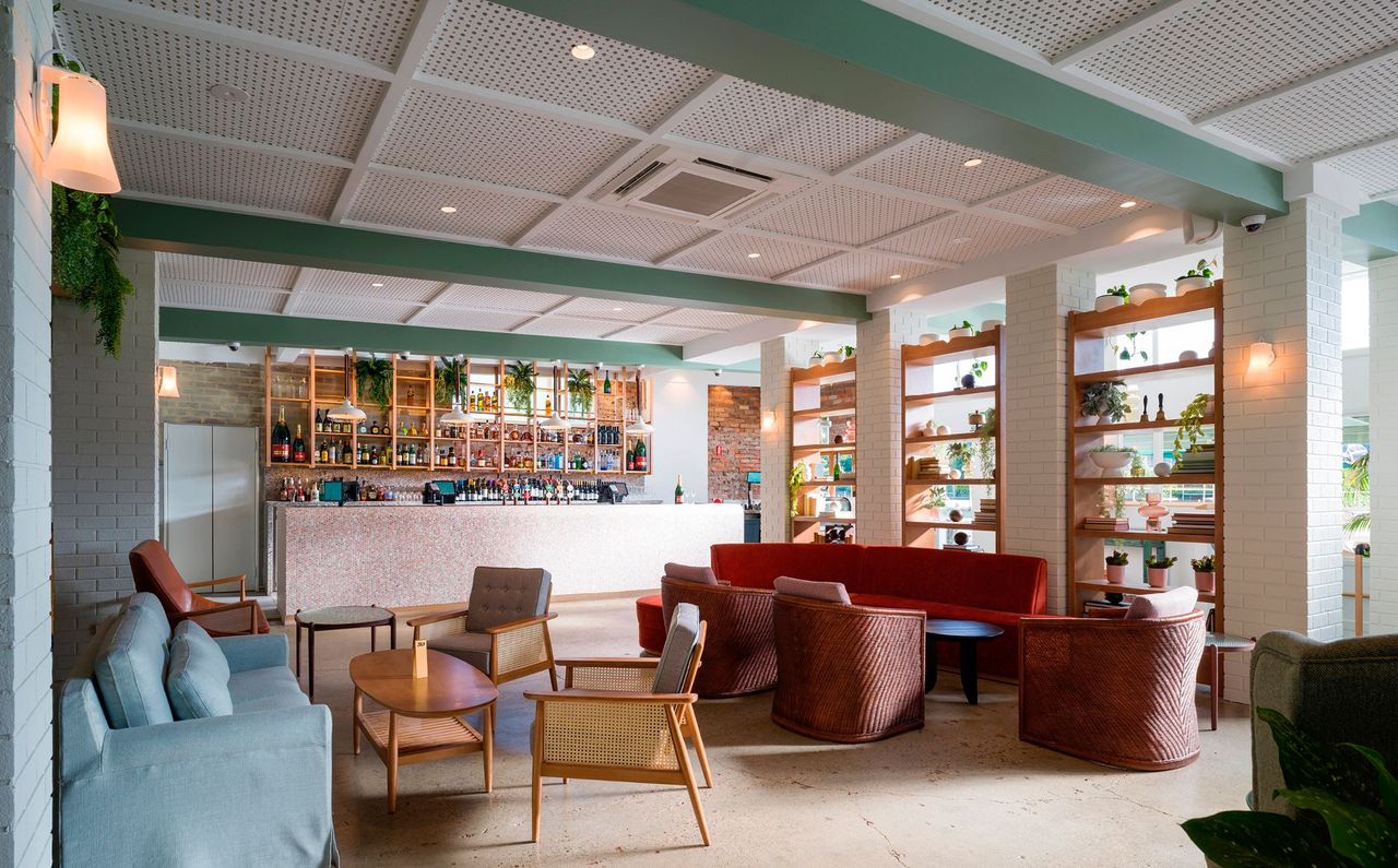 Bar lounge with library shelves