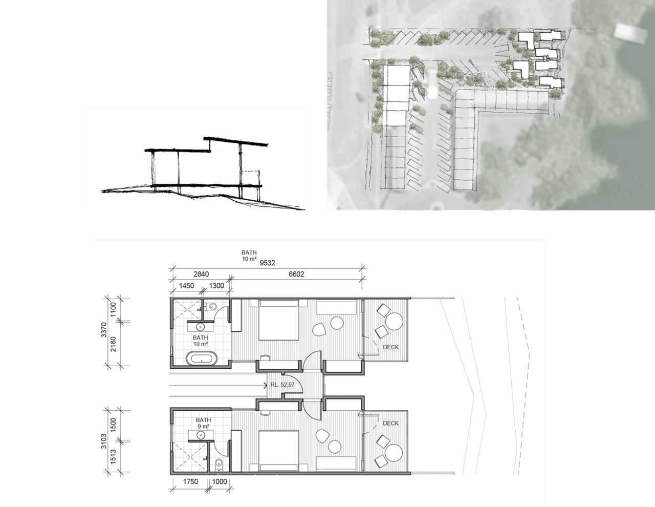 Top left: Concept sketch. Top right: Site concept plan. Bottom: Concept floor plan