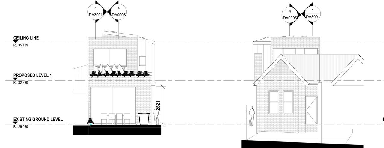 Left: west elevation. Right: east elevation